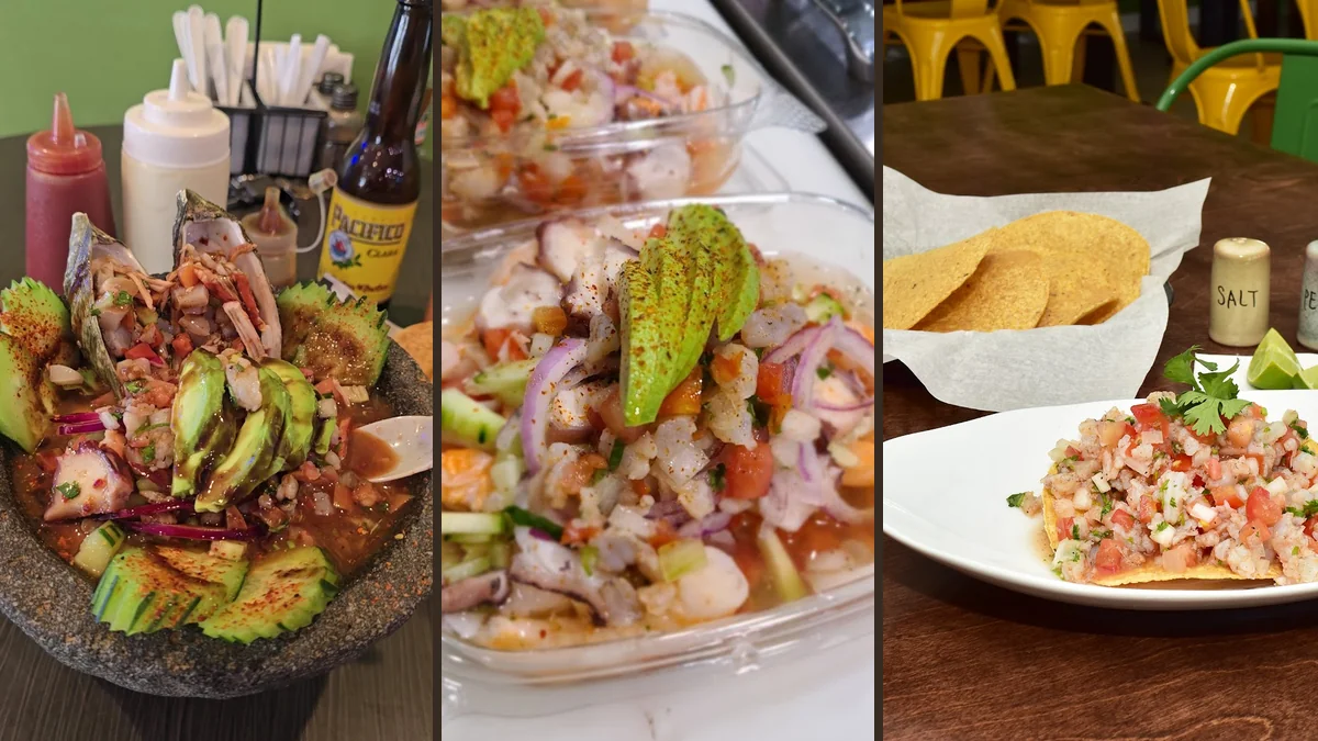 Seafood plates on a casual restaurant table.