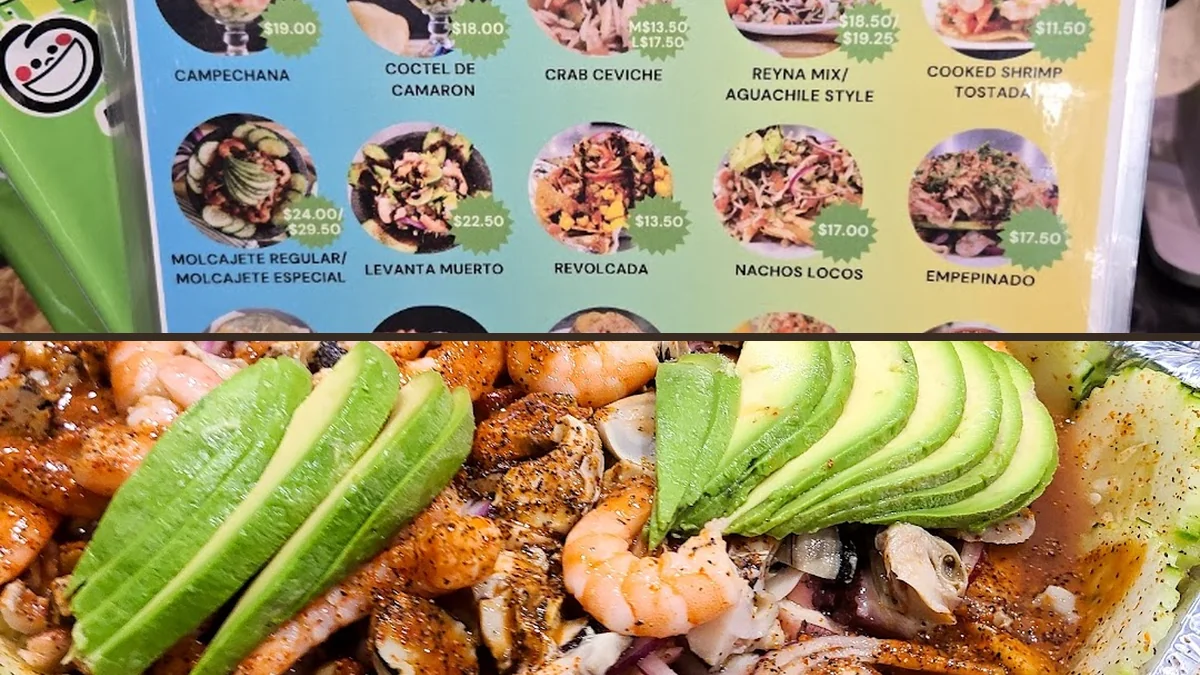 Colorful mariscos plates with sauces and sides.